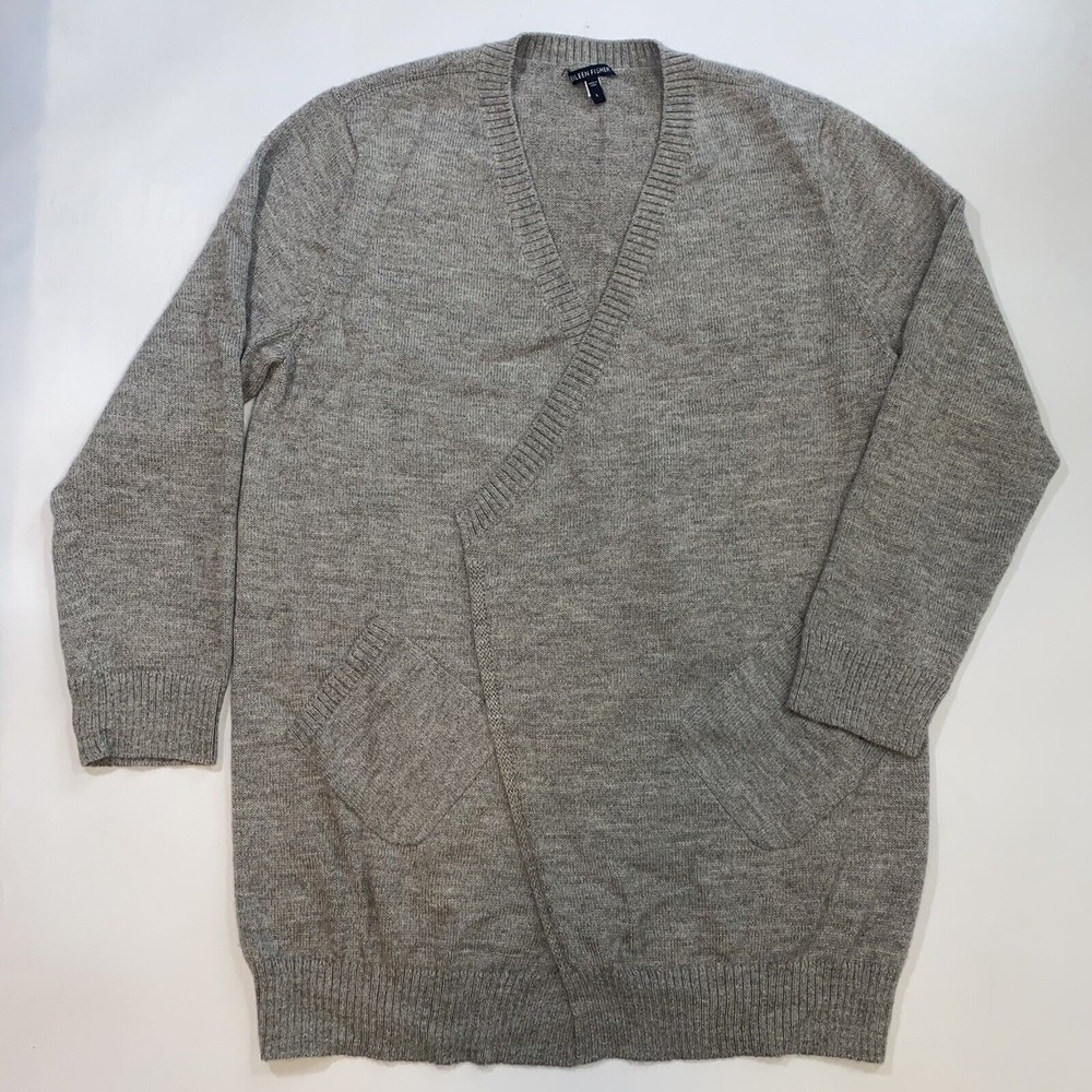 EUC Eileen Fisher Long Gray Open Front Cardigan Sweater 100% Baby Alpaca Large